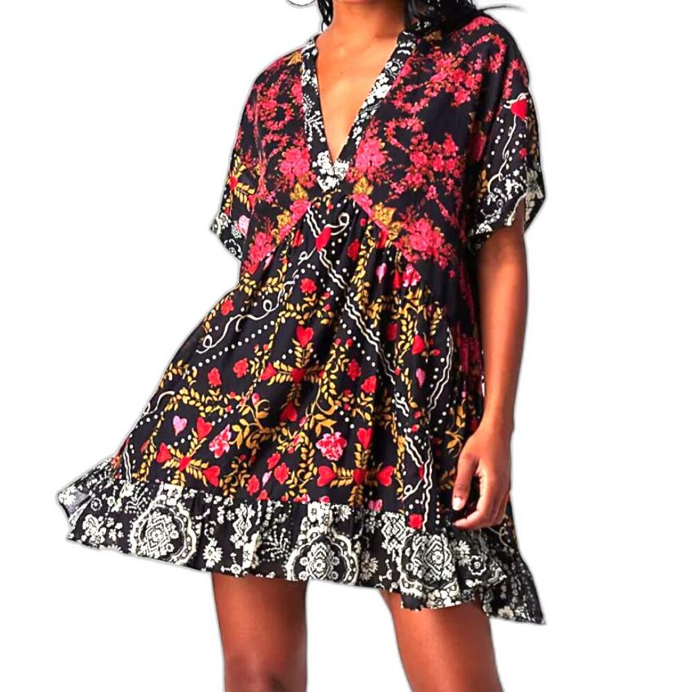 Free People Black and Red Floral Mini Dress